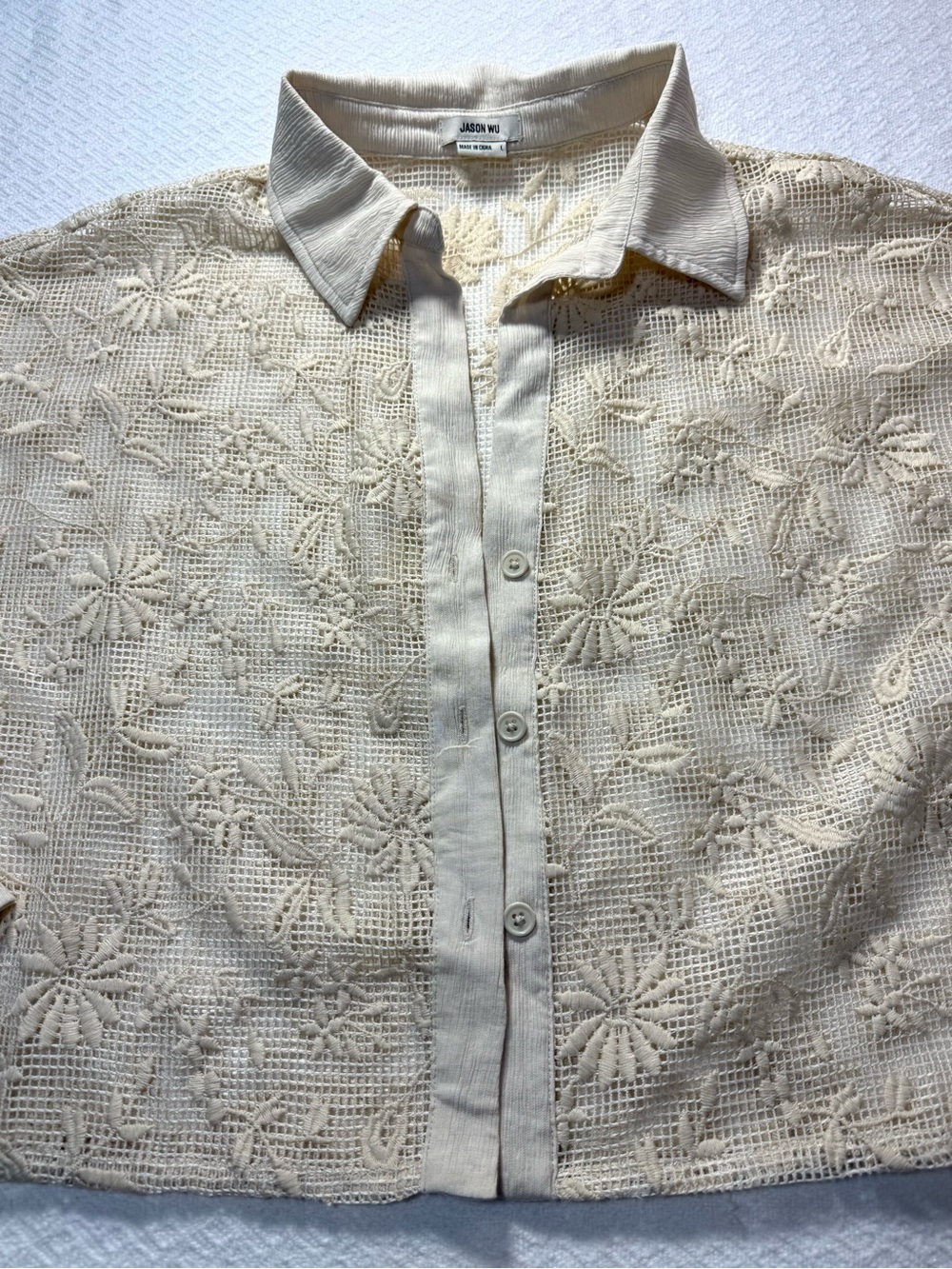 Jason Wu Ivory Floral Embroidered Lace Cropped Button Front Blouse L